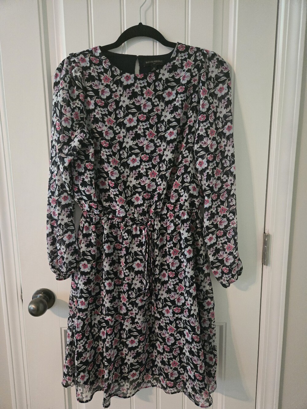 Banana Republic Black Floral Long-Sleeve Dress with Pink and White Flowers